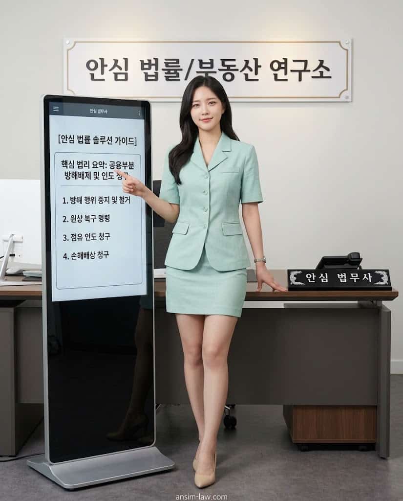 화면을 보며 공용부분 불법 점유 법적 제재 방안을 설명하는 안심 법무사