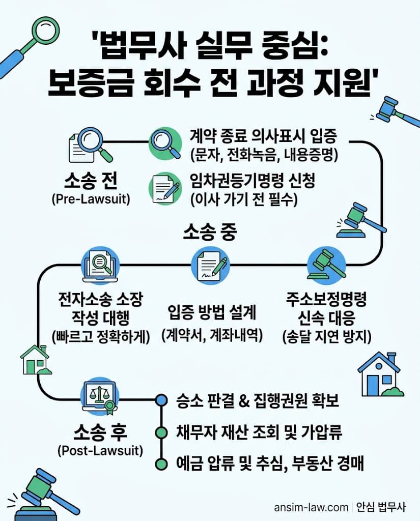 법무사가 지원하는 보증금 회수 소송의 전 과정(소송 전, 중, 후) 플로우차트 인포그래픽입니다.