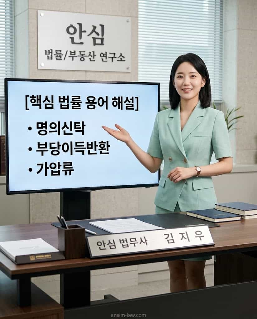 민트색 정장을 입은 안심 법무사가 대형 화면을 보며 명의신탁 소송의 핵심 쟁점을 설명하는 모습.