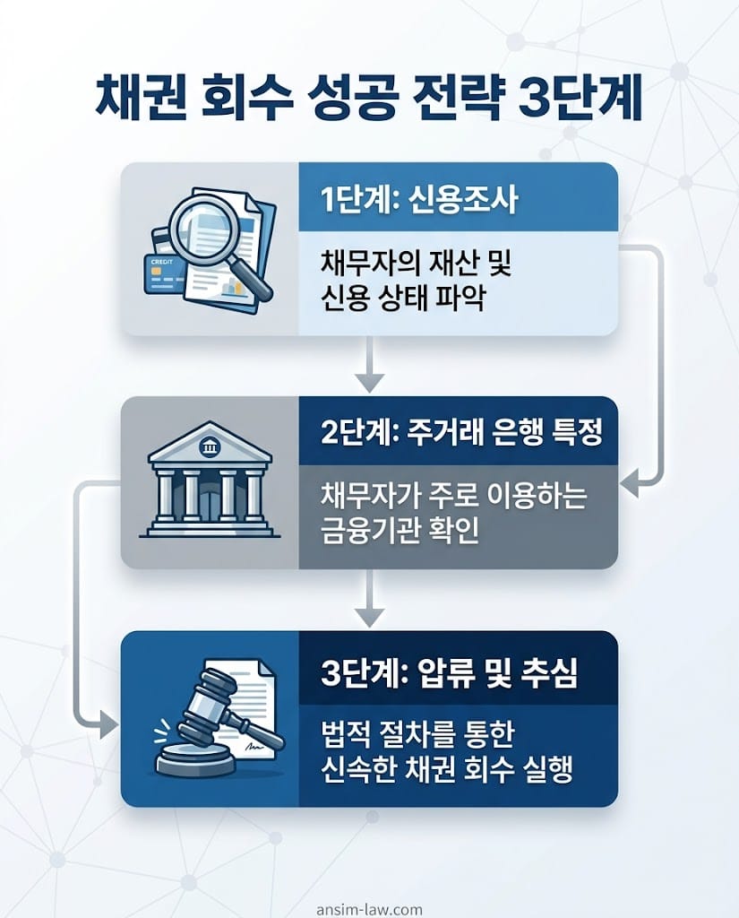 신용 조사부터 타깃 은행 특정, 본압류 신청까지 이어지는 채권 회수 3단계 행동 요령 플로우차트.