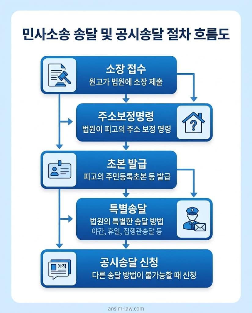 소장 접수부터 공시송달 신청까지의 법적 절차 플로우차트