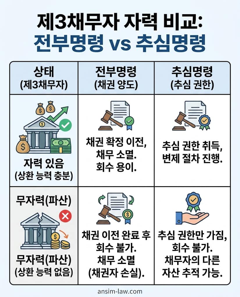 제3채무자의 재산상 자력 유무에 따른 추심명령과 전부명령의 본질적 차이점 비교표