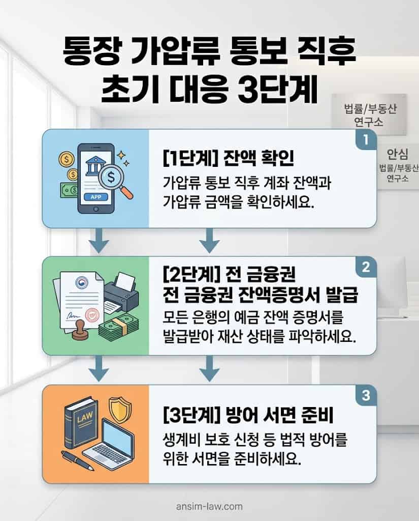 통장 가압류 통보 시 당황하지 않고 대처하기 위한 초기 3단계 행동 지침 플로우차트.