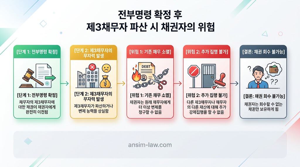 전부명령 후 제3채무자 무자력 발생 시 채권자 독점 리스크 흐름도
