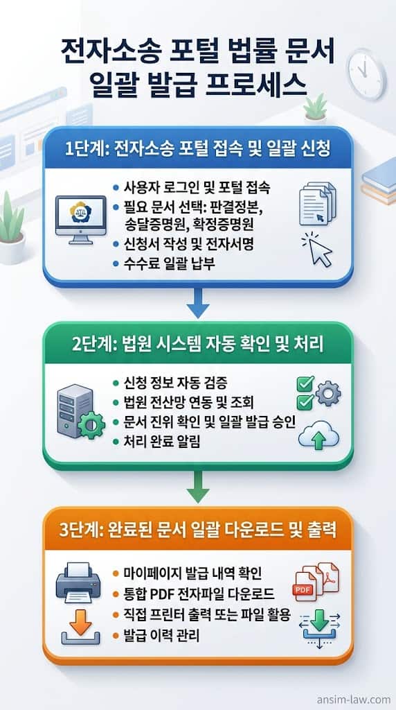 판결정본, 송달증명원, 확정증명원 전자소송 일괄 신청 플로우차트