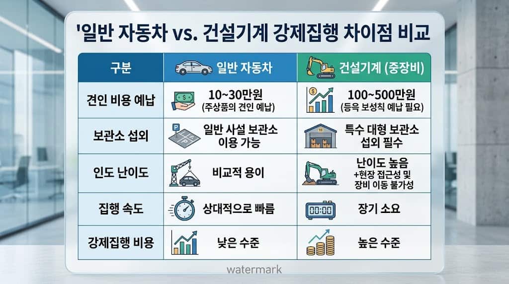 일반 자동차와 굴삭기 등 건설기계 강제집행 실무 절차 및 비용 차이 비교표