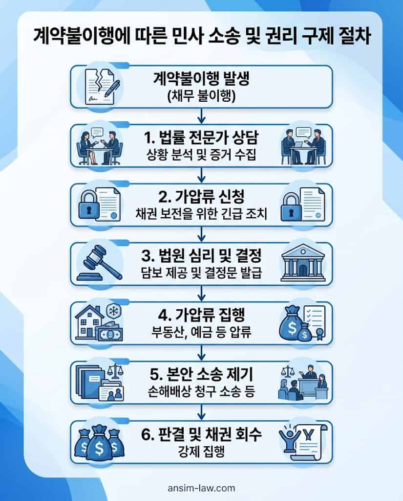 계약파기 시 책임재산 가압류 및 본안 민사소송 진행 절차 플로우차트