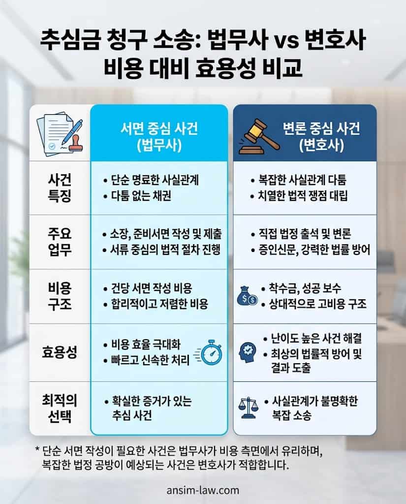 추심금 청구 소송 시 변호사 선임과 법무사 서면 작성의 비용 대비 효용성 최적화 비교표