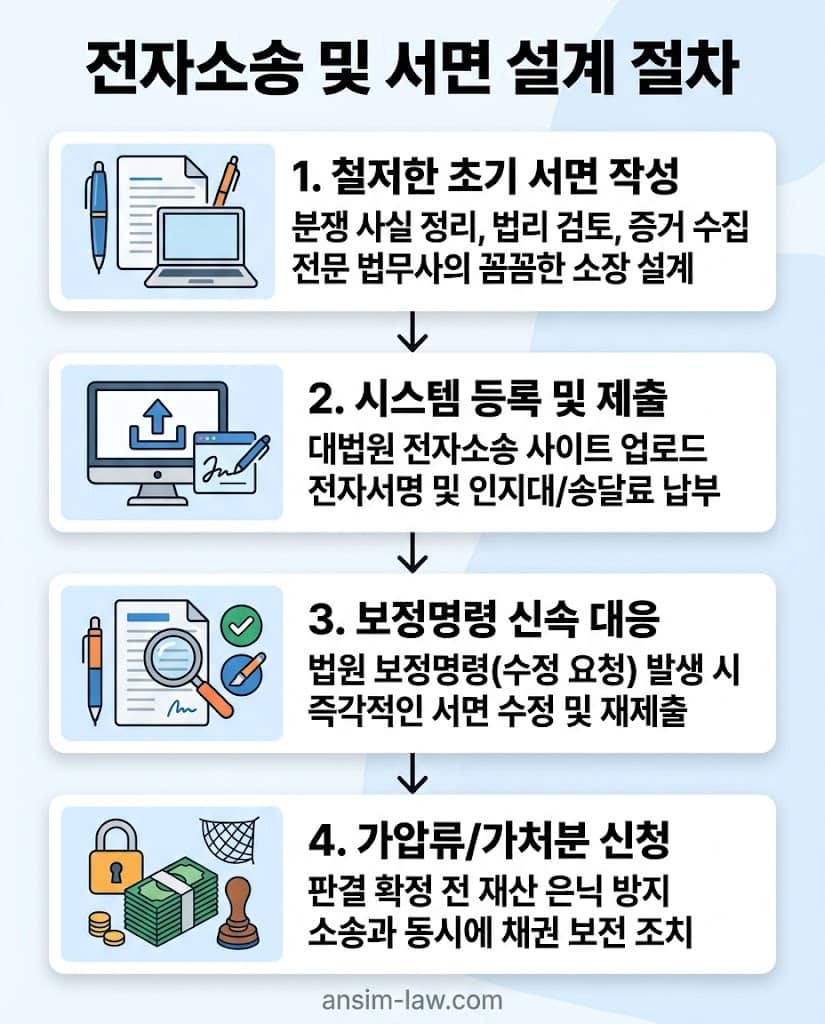 전자소송 서면 제출부터 보정명령 대응까지의 절차를 담은 플로우차트