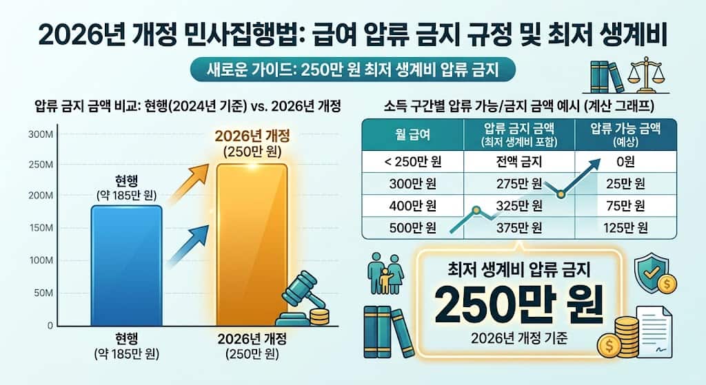2026년 개정안 기준 250만 원 최저 생계비 압류 금지 규정 및 소득 구간별 압류 가능 금액 표