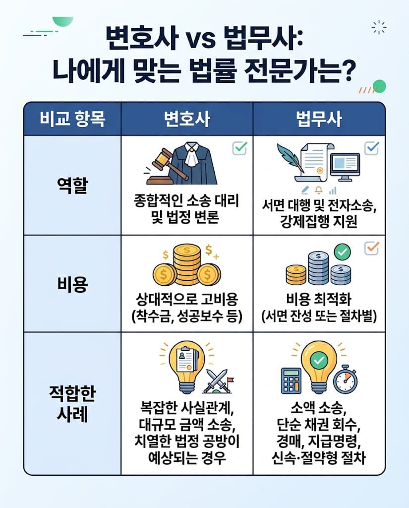 공탁 분쟁 해결을 위한 변호사 소송대리와 법무사 서면 대행의 비용 및 실무 최적화 비교표