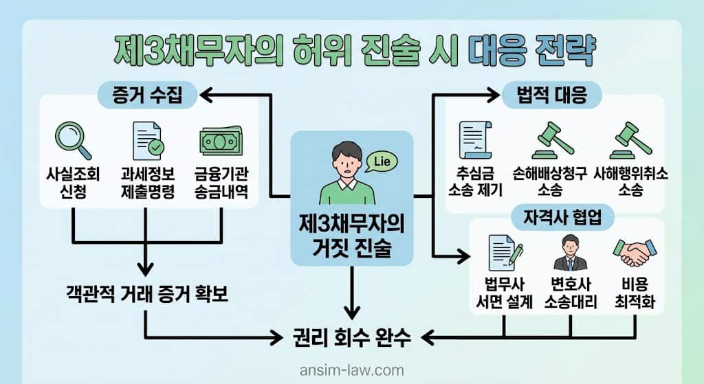 제3채무자의 허위 진술 발생 시 증거 수집, 법적 대응, 자격사 협업 전략을 보여주는 인포그래픽 플로우차트.