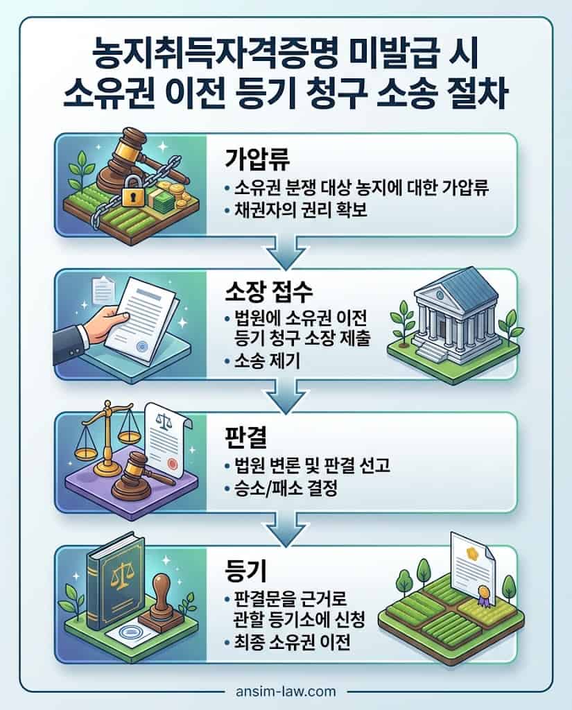 농지취득자격증명 미발급 시 민사소송 절차를 요약한 한글 플로우차트