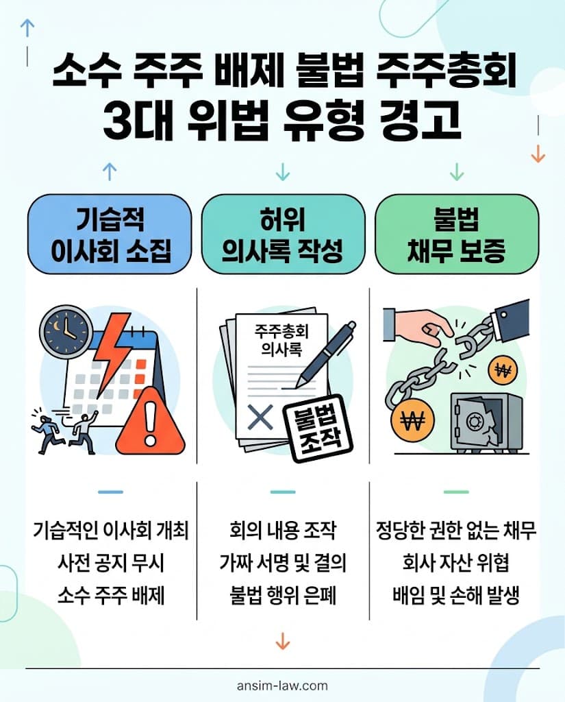 기습적 소집, 허위 의사록, 불법 채무 보증 등 주주총회 위법 행위 3대 징후 안내