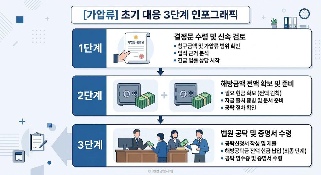 가압류 결정문 확인부터 지정 금액 100% 현금 납입까지의 초기 대응 3단계 절차를 보여주는 플로우차트