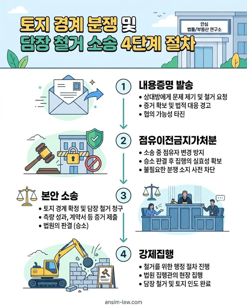 내용증명부터 강제집행까지 담장 철거 소송의 전체 절차를 한눈에 보여주는 플로우차트