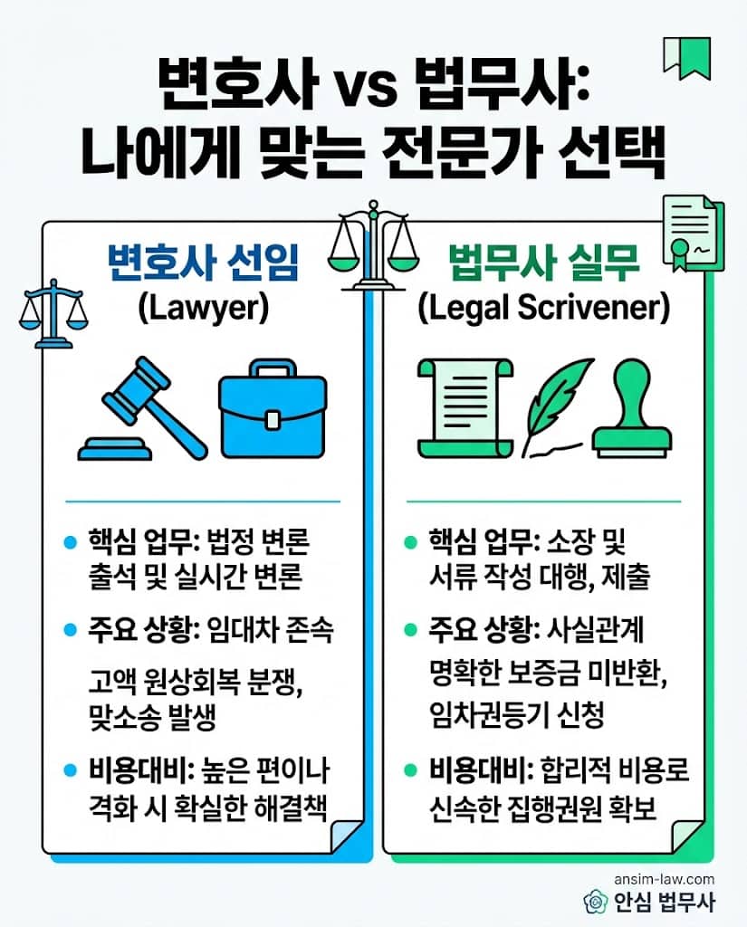 보증금 반환 소송에서 변호사 선임과 법무사 실무의 업무 범위 및 비용 효용성 비교 표입니다.