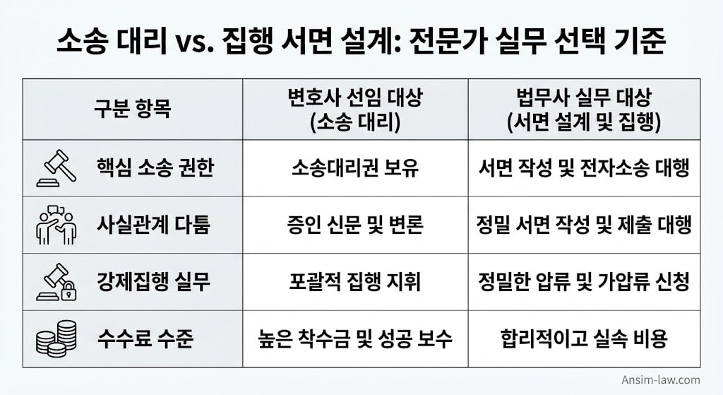 치열한 법정 공방이 필요한 소송 대리 영역과 판결문 확보 후 정밀한 강제집행 서면 설계 영역의 전문가 선택 기준을 비교한 인포그래픽
