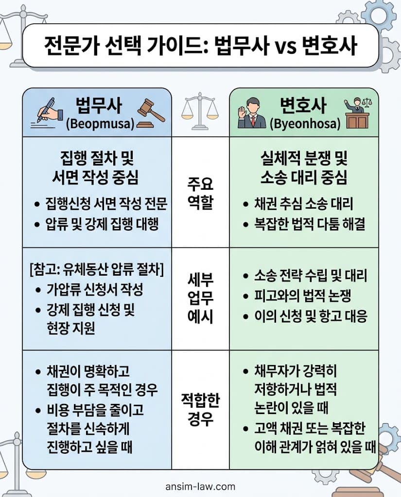 다툼이 없는 서면 제출(법무사)과 구두 변론이 필요한 소송(변호사)의 역할 비교 표