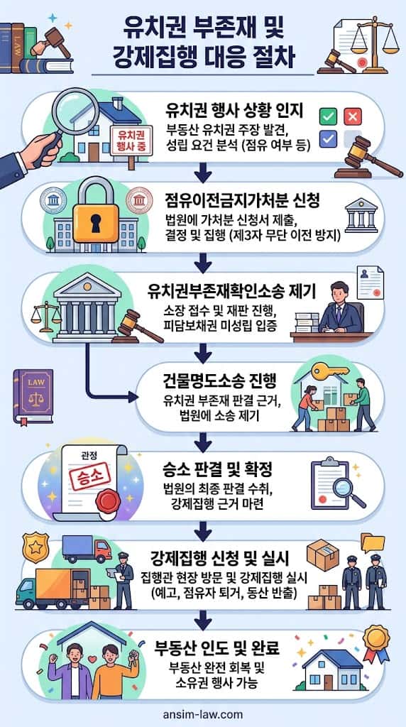 유치권 부존재 확인 소송부터 명도소송 및 점유이전금지가처분까지의 강제집행 대응 절차도