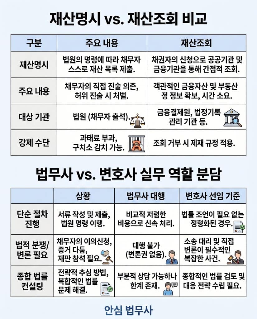 재산명시/조회 비교 및 법무사/변호사 역할 분담 비교 인포그래픽 표