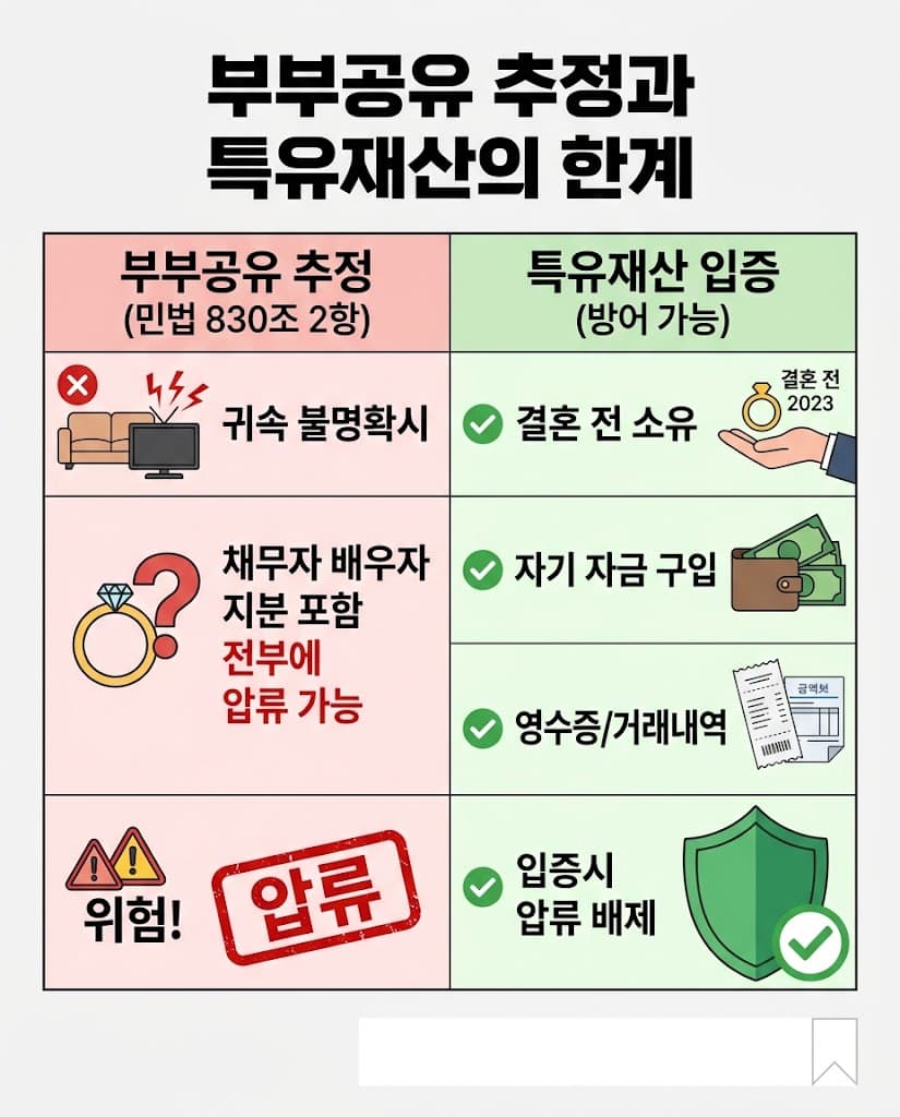 부부공유 추정 유체동산 압류와 특유재산 입증 방어 비교표