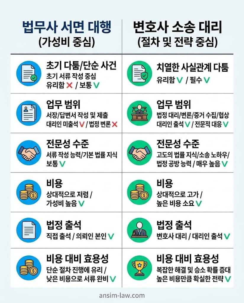 상가 권리금 분쟁 시 법무사 서면 대행과 변호사 소송 대리의 비용 효용성 비교표