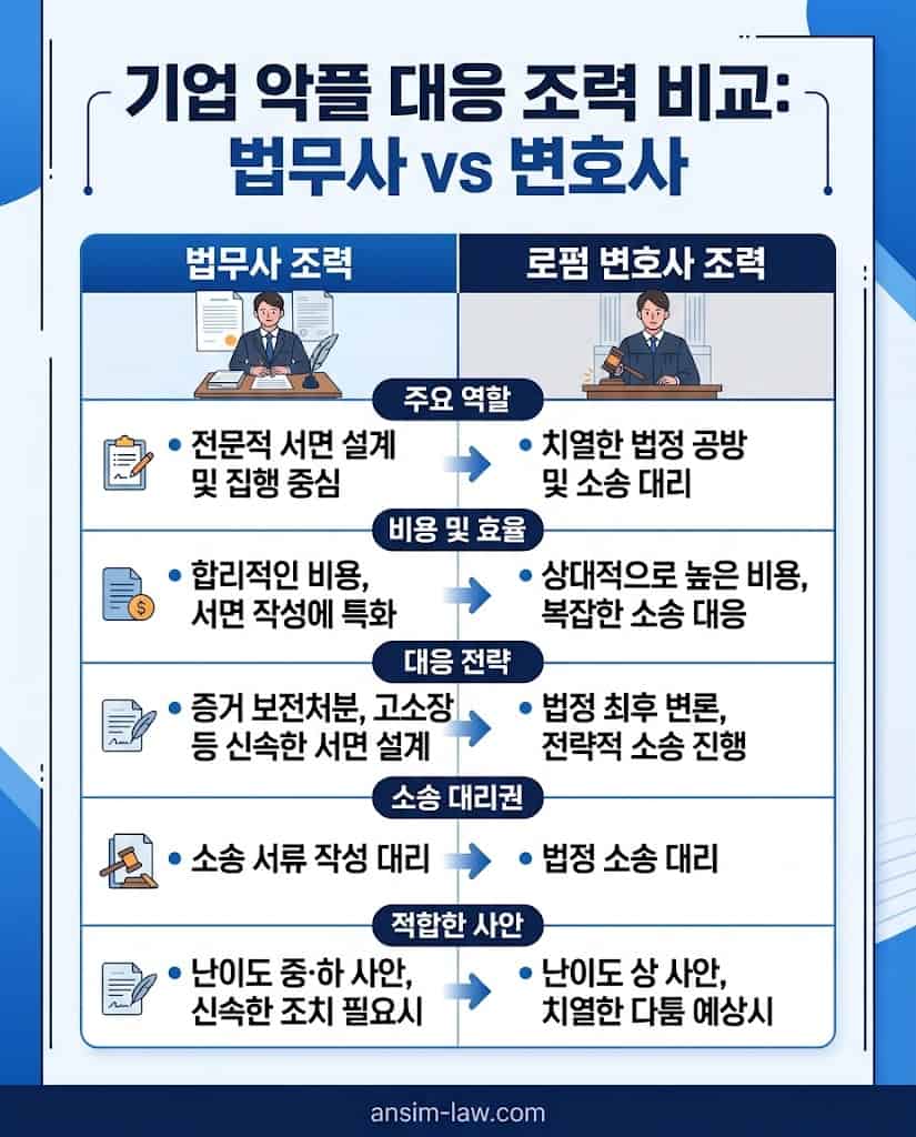 소송 난이도와 예산에 따른 법무사 서면 대행과 로펌 소송대리의 실무 역할 비교표