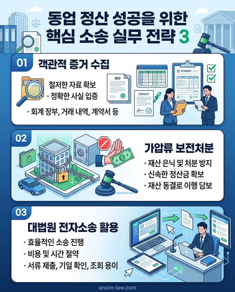 자산정산 소송을 위한 3가지 핵심 실무 전략인 증거 수집, 가압류, 전자소송 요약