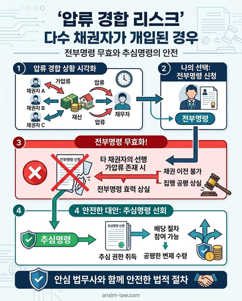 다수 채권자 개입으로 인한 압류 경합 발생 시 전부명령 무효 위험성 안내 플로우차트