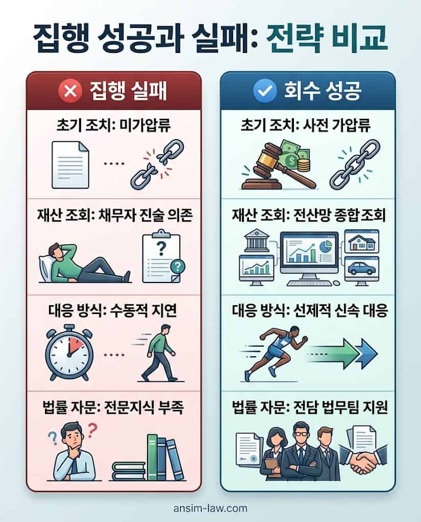 가압류 및 전산망 조회 유무에 따른 강제집행 실패와 회수 성공 사례 비교표