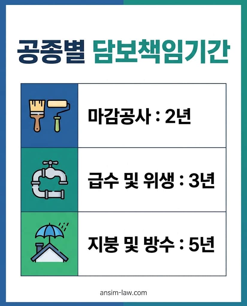 시설 공종별 하자담보 책임기간(2년, 3년, 5년)을 정리한 상세 비교표