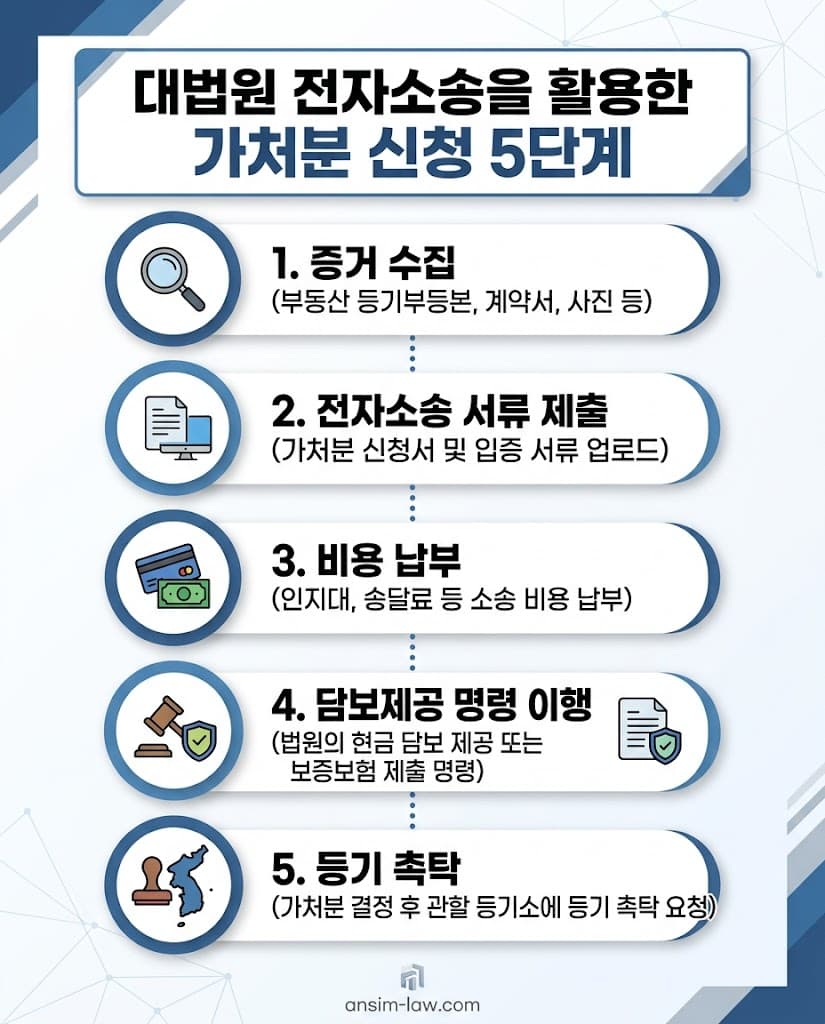 대법원 전자소송 시스템을 활용한 가처분 신청부터 등기 촉탁까지의 단계별 진행 절차도.
