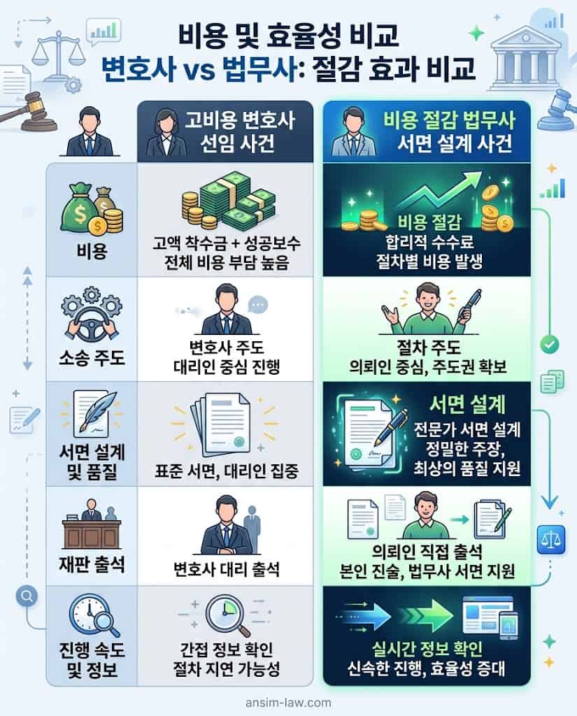 고비용 변호사 선임 방식과 합리적 비용의 법무사 서면 대행 시스템의 소송 효율성 및 비용 비교표입니다.