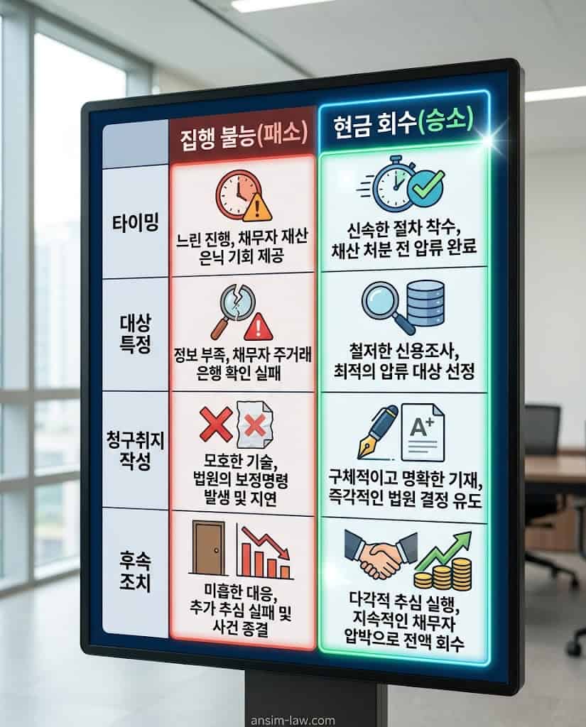 타이밍과 대상 특정, 청구취지 등 강제집행 불능과 현금 회수 성공의 차이를 보여주는 비교 대조표입니다.