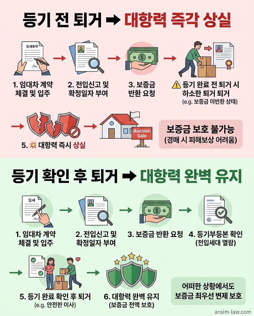 등기 완료 전 퇴거 시 대항력 상실 위험을 경고하는 인포그래픽