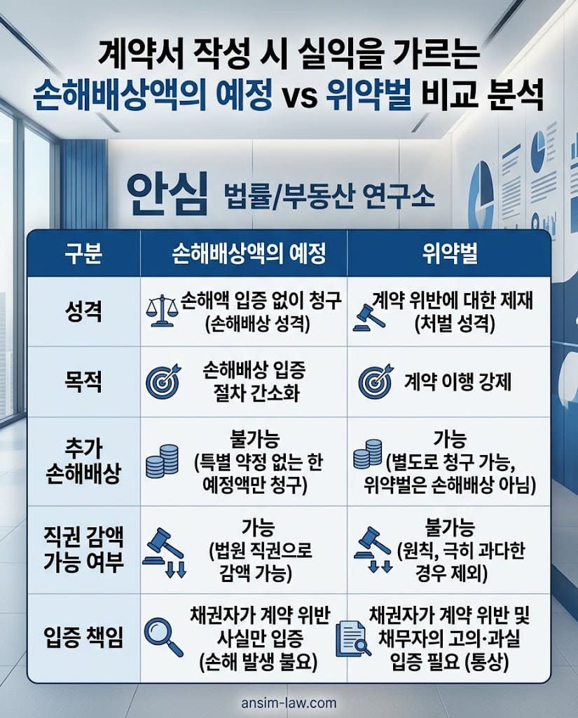손해배상액의 예정과 위약벌의 법원 직권 감액 여부 비교표