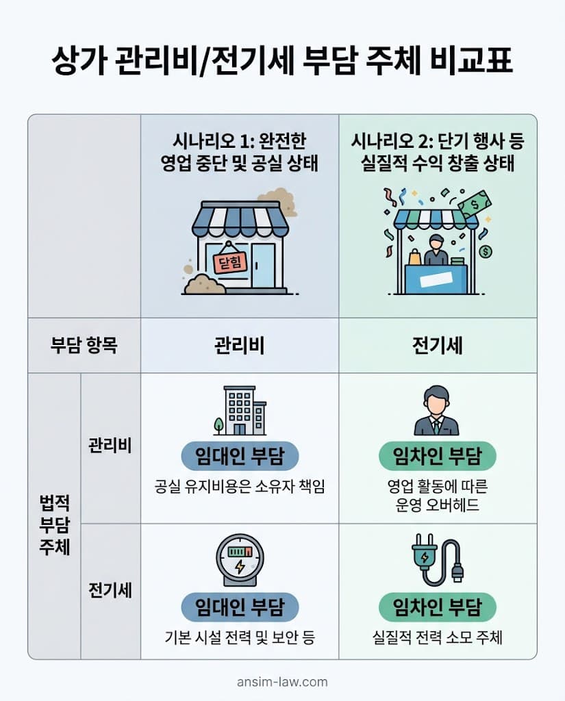 상가 완전 공실 상태와 실질적 영업 수익 창출 시의 관리비 및 전기세 부담 주체 비교표.