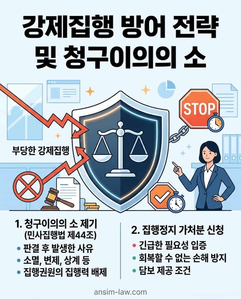 민사집행법 제44조에 근거한 청구이의의 소 및 강제집행 방어 프로세스 인포그래픽