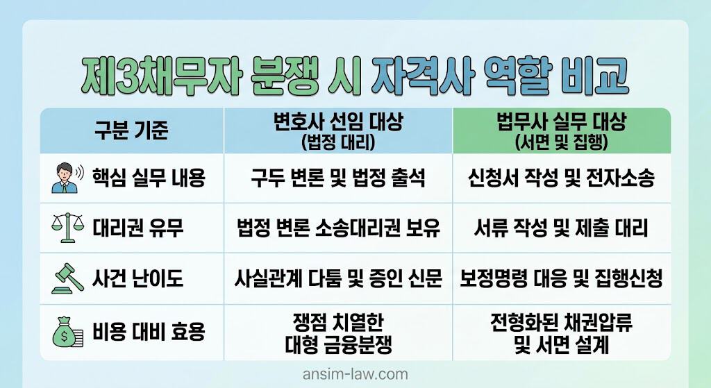 제3채무자 분쟁 발생 시 변호사와 법무사의 역할과 비용 최적화 기준을 비교하는 인포그래픽 표.