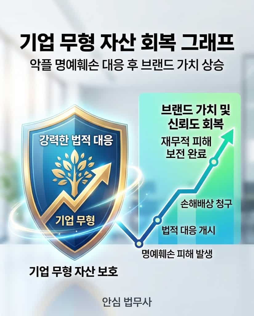 법적 대응을 통해 기업 브랜드 가치가 회복되고 실질적인 손해배상을 이뤄내는 우상향 그래프