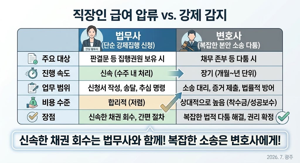 사건 난이도에 따른 변호사와 법무사의 비용 대비 효용성 및 강제집행 실무 비교표