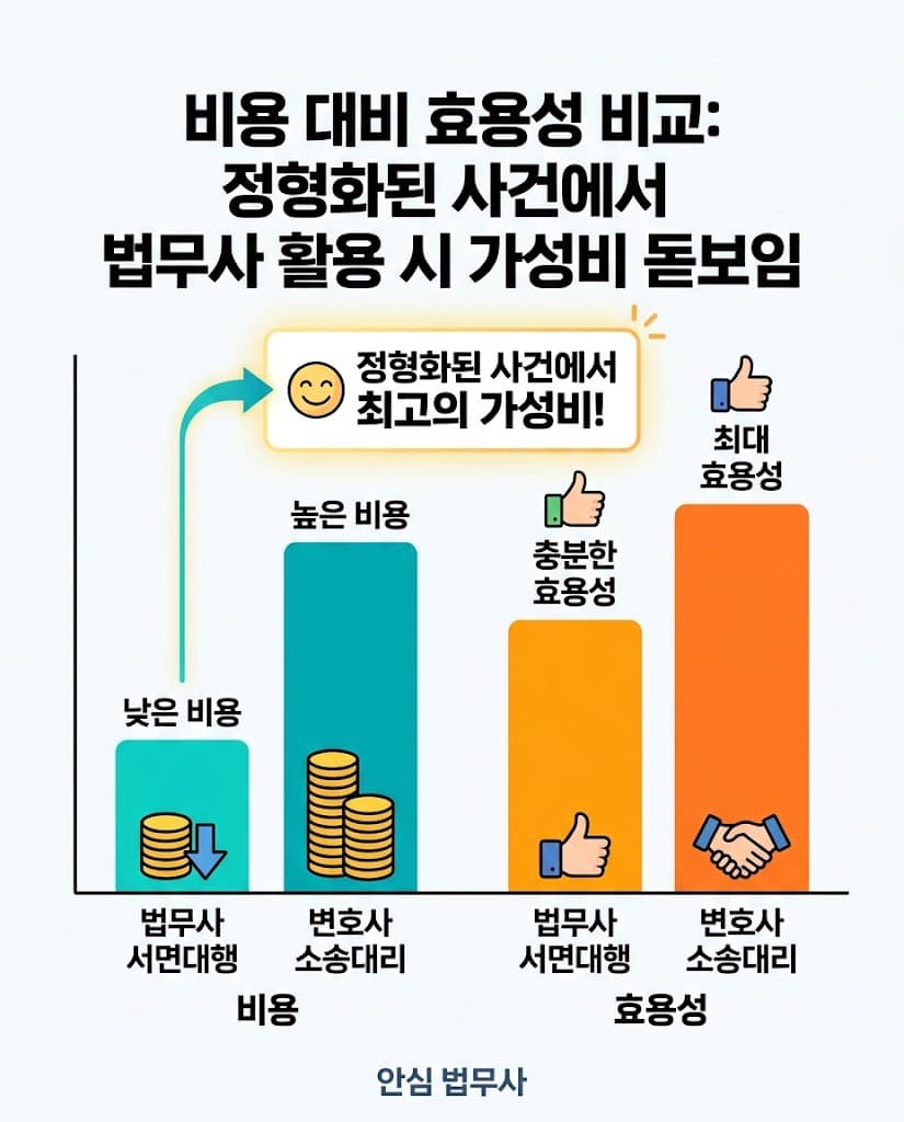 서면 대행과 정식 소송 대리 간의 비용 대비 효용성을 시각화한 비교 그래프