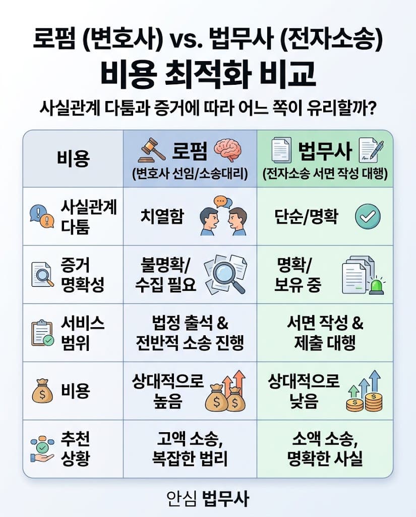 사건의 복잡성과 증거 명확성에 따른 변호사 선임 및 법무사 비용 최적화 비교표