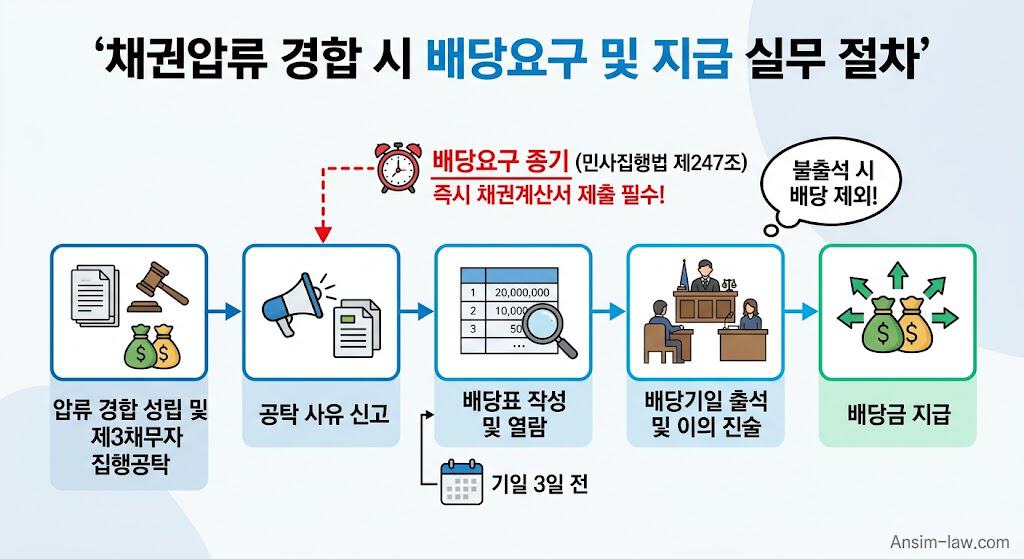 채권압류 경합 시 제3채무자의 사유 신고 시점까지 배당요구를 제출해야 하는 필수적인 기한과 후속 배당 절차를 보여주는 플로우차트