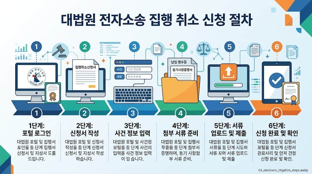 대법원 전자소송을 활용한 가압류 집행 취소 신청 및 납입 영수증 제출 절차 인포그래픽