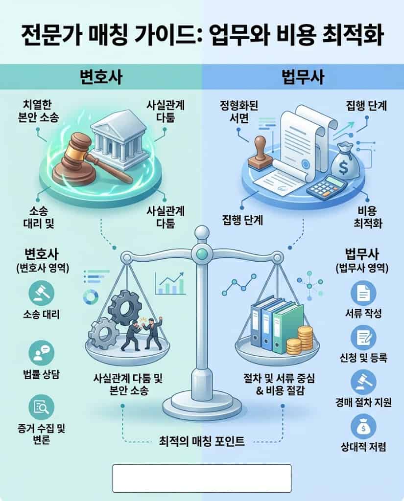 소송 단계(변호사)와 집행 단계(법무사)의 비용 최적화 맞춤형 매칭 가이드