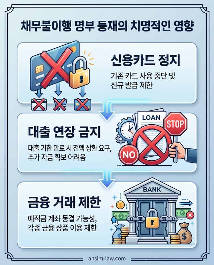 채무불이행자 명부 등재 시 발생하는 신용카드 정지 등 치명적인 금융 제재 효과 요약 이미지