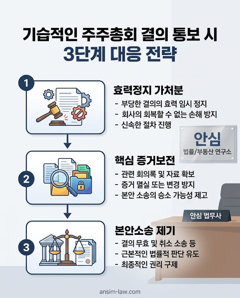 주주총회 결의무효 위기 발생 시 가처분 및 본안소송 3단계 대응 흐름도