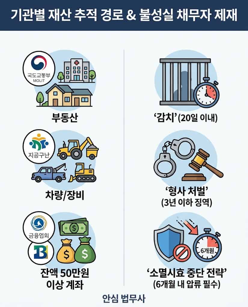재산조회 대상 자산과 채무자 제재 및 시효 중단 전략 인포그래픽